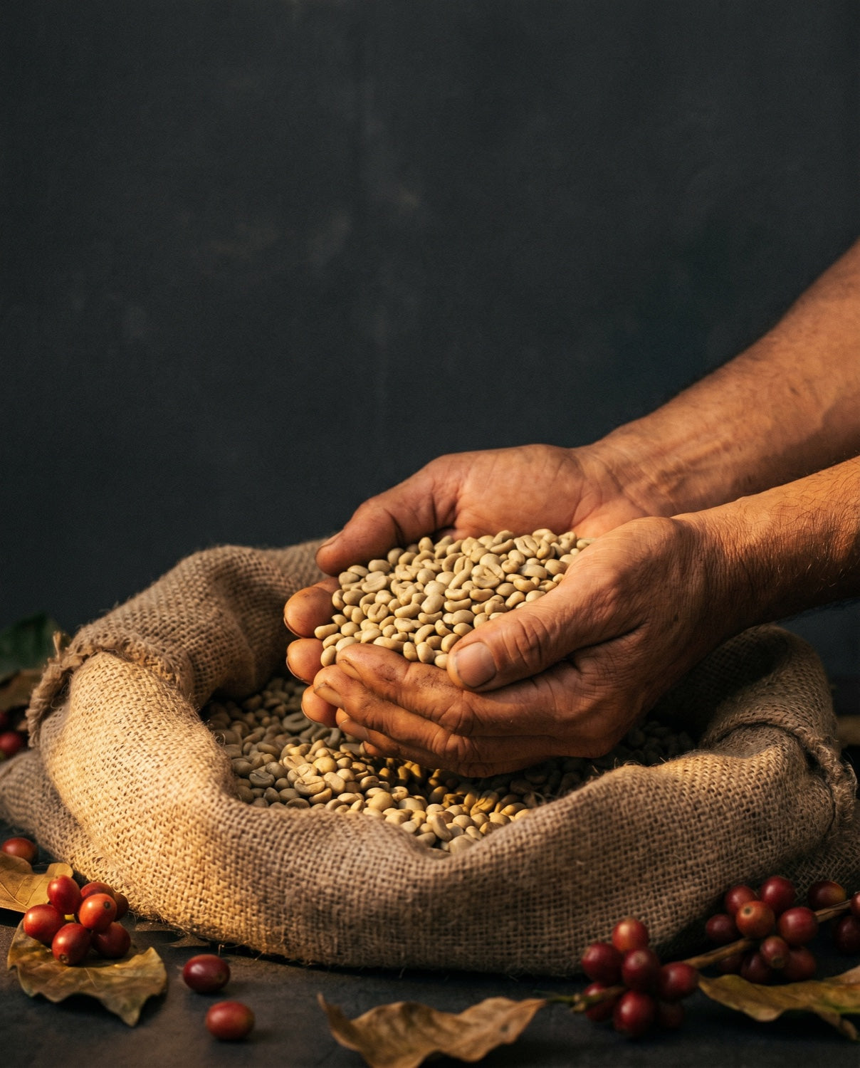 Coffee origin and sourcing — raw green beans held over a burlap sack